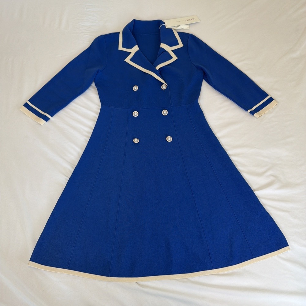Goelia Blue Dress With Cream Trim Pearl Buttons Size 4 NWT